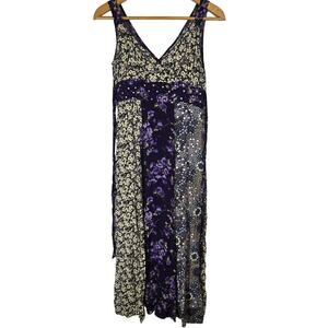 Vtg NY Collection Mixed Print Floral Beaded Maxi Dress Tie Summer Boho L